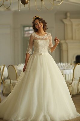 Abito da Sposa Tondo in Tulle con Mezze Maniche A Terra A-Line Coda A Strascico Corto