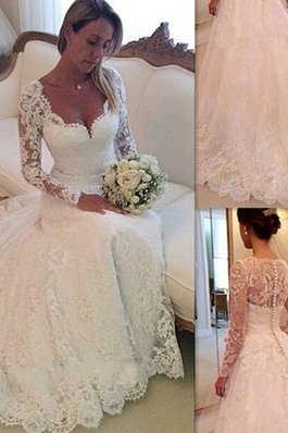 Vestido de Novia de Corte Evasé en Tul de Manga larga de Encaje Adorno de Natural