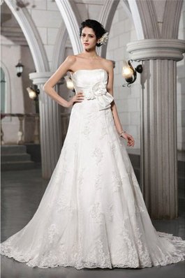 Robe de mariée appliques avec fleurs a-ligne de traîne mi-longue fermeutre eclair