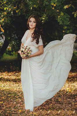 Robe de mariée simple longueru au niveau de sol de traîne courte ruché avec manche courte