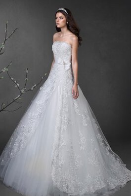 Robe de mariée naturel avec nœud à boucles avec lacets a-ligne de traîne mi-longue