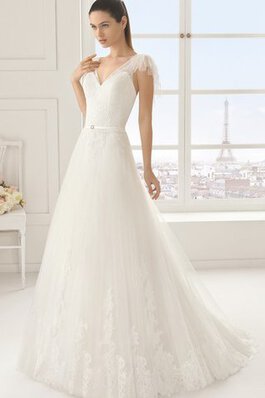 Vestido de Novia de Hasta el suelo de Mangas Illusion de Escote en V de Manga corta