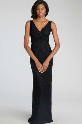 Robe demoiselle d'honneur avec décoration dentelle ruché de col en v en forme jusqu'au sol