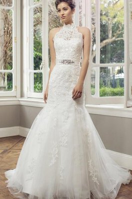 Abito da Sposa Lupetto in Tulle A Terra Senza Maniche Naturale con Applique