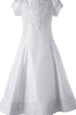 Bootsförmiger Ausschnitt Satin kurze Ärmeln A-Line bodenlanges Blumenmädchenkleid