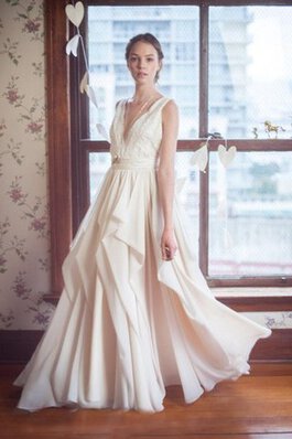 Abito da Sposa V-Scollo Semplice A-Line Schiena Nuda Elegante con Fiocco