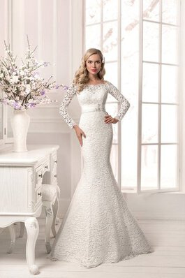 Robe de mariée festonné avec cristal avec perle avec manche longue encolure ronde