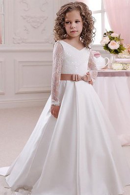 Abito da Cerimonia Bambini in Pizzo in Raso con Maniche Lunghe A Terra Ball Gown