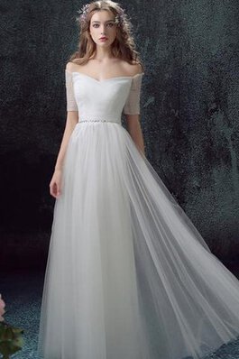 Abito da Sposa con Mezze Maniche A-Line Lungo in Tulle in pizzo con Increspato