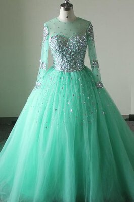 Vestido de Quinceañeras en Tul y Encaje de Volante de Manga suelta de Abalorio