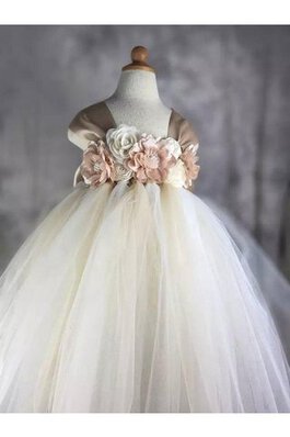 Robe de cortège enfant plissé avec manche courte en tulle encolure en carré avec fleurs