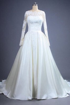 Robe de mariée modeste de lotus avec manche longue de traîne moyenne a-ligne