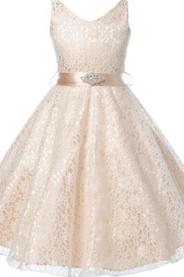 Abito da Cerimonia Bambini V-Scollo A-Line Naturale in pizzo in Pizzo Alla Caviglia