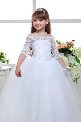 Robe de cortège enfant naturel manche nulle d'epaule ecrite avec fleurs en tulle