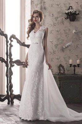 Abito da Sposa Tubino Senza Maniche con Spacco Davanti in Tulle con Fiocco in Pizzo