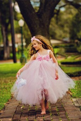 Robe de cortège enfant plissé longueur à cheville en tulle avec sans manches avec ruban