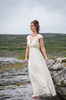 Abito da Sposa in Pizzo A-Line V-Scollo con Manica Corte alta vita Cappellino