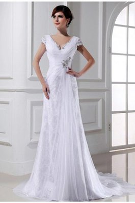 Robe de mariée moderne longue de col en v avec perle a-ligne