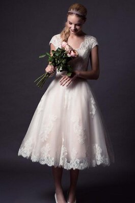 Spitze Chiffon V-Ausschnitt Tüll romantisches Brautkleid mit gekappten Ärmeln