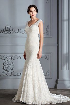 Robe de mariée naturel avec décoration dentelle v encolure manche nulle de sirène