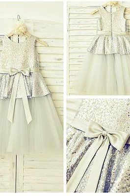 Robe de cortège enfant naturel avec fleurs a-ligne en tulle en tissu pailleté