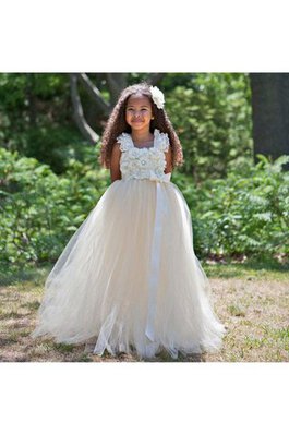 Robe de cortège enfant naturel en tulle de lotus ceinture en étoffe avec sans manches