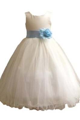 Robe de cortège enfant encolure ronde avec fleurs en satin avec sans manches en tulle