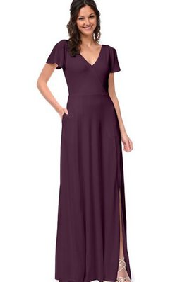 Robe demoiselle d'honneur avec manche courte de col en v avec chiffon ligne a