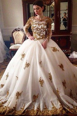 Elegante Vestido de Novia de Corte Evasé de Escote redondo de Natural de Cola Corte