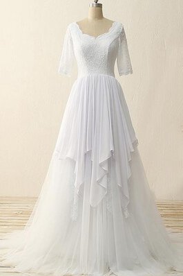 Robe de mariée en tulle de traîne courte avec chiffon en satin en 1/2 manche