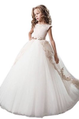 Abito da Cerimonia Bambini Naturale A Terra in Tulle Ball Gown con Fiore