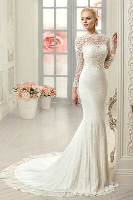 Robe de mariée simple plissage avec manche longue col ras du cou appliques