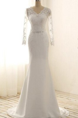 Clasico Vestido de Novia de Apliques de Escote en V de Encaje Adorno de Hasta el suelo