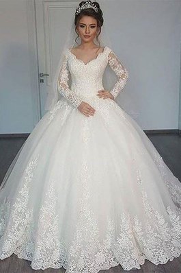 Robe de mariée elégant classique avec manche longue en tulle de col en v