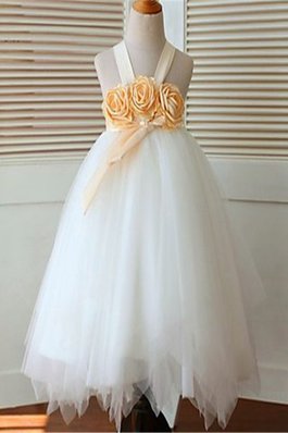 Tüll Breiter Träger Duchesse-Linie Wadenlanges Blumenmädchenkleid mit Blume