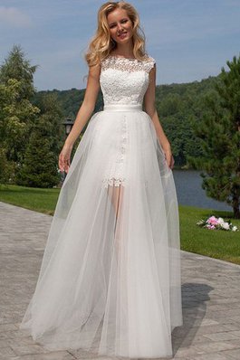 Robe de mariée naturel encolure ronde a plage en tulle avec sans manches