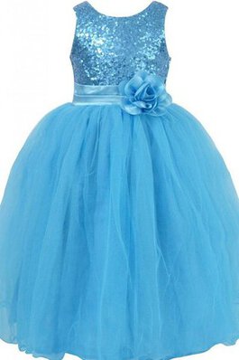 Ärmellos Empire Tüll Schaufel-Ausschnitt wadenlanges Blumenmädchenkleid mit Blume