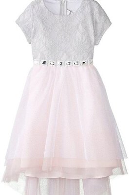 Kurze Ärmeln Schaufel-Ausschnitt A-Line Blumenmädchenkleid mit Schmetterlingsknoten