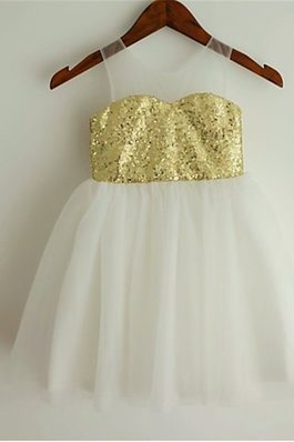 Robe de cortège enfant naturel en tulle avec fleurs longueur mollet encolure ronde