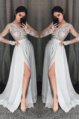 Robe de soirée avec manche longue avec décoration dentelle a-ligne v encolure honorable