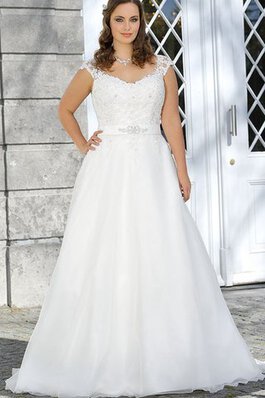 Robe de mariée a-ligne de col en v jusqu'au sol avec manche épeules enveloppants avec perle