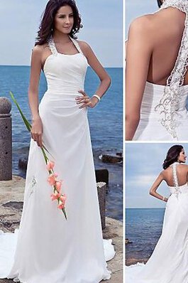 Vestido de Novia de Corte Recto de Playa de Escote halter de Abalorio de Natural