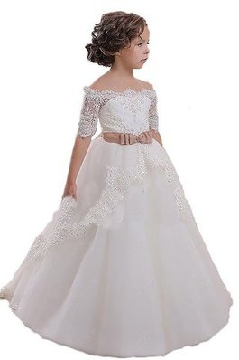 Robe de cortège enfant naturel de mode de bal avec fleurs ceinture d'epaule ecrite