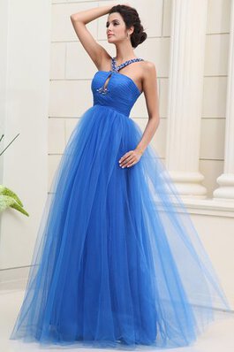 Robe de soirée longue avec perle en tulle a-ligne bretelles spaghetti