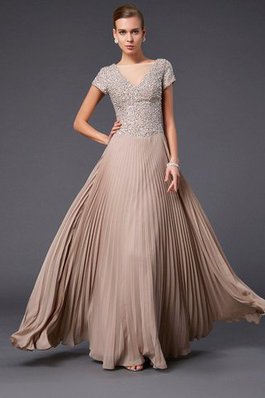 Robe mère de mariée longue naturel de col en v avec manche courte avec chiffon