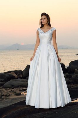 Robe de mariée longue de col en v jusqu'au sol en taffetas decoration en fleur