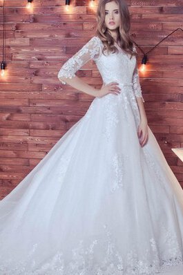 Clasico Vestido de Novia en Tul de Manga suelta de Encaje Adorno de Barco