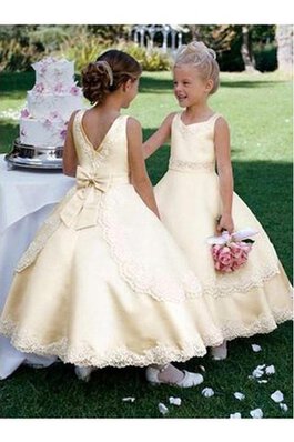 Robe de cortège enfant en satin de mode de bal avec nœud à boucle manche nulle avec fleurs