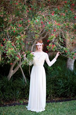 Abito da Sposa con Piega stravagante in pizzo Schiena Nuda con Maniche Lunghe Semplice