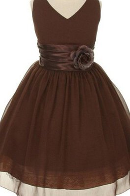 Ärmelloses A-Linie Tüll knielanges Blumenmädchenkleid mit Blume